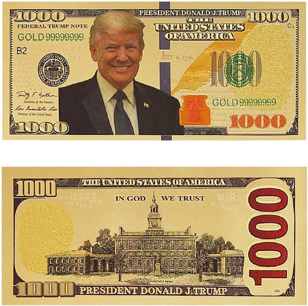 10Pcs USA President Donald Trump 2018 Gold Foil 1000 Dollar Bill Banknote + 2Pcs Official Authentic 24K Gold-Plated Gold Donald Trump Commemorative Coins in Gold and Silver