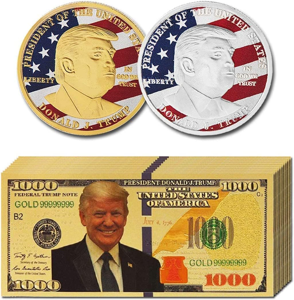 10Pcs USA President Donald Trump 2018 Gold Foil 1000 Dollar Bill Banknote + 2Pcs Official Authentic 24K Gold-Plated Gold Donald Trump Commemorative Coins in Gold and Silver