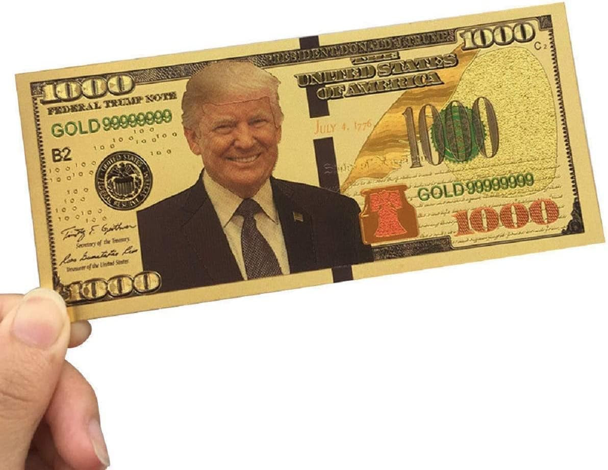 10Pcs USA President Donald Trump 2018 Gold Foil 1000 Dollar Bill Banknote + 2Pcs Official Authentic 24K Gold-Plated Gold Donald Trump Commemorative Coins in Gold and Silver