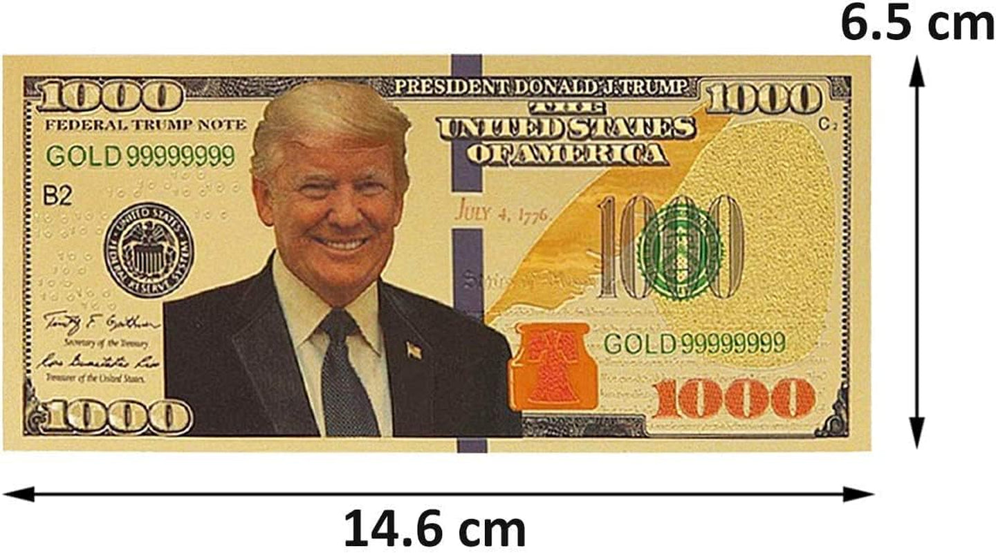 10Pcs USA President Donald Trump 2018 Gold Foil 1000 Dollar Bill Banknote + 2Pcs Official Authentic 24K Gold-Plated Gold Donald Trump Commemorative Coins in Gold and Silver